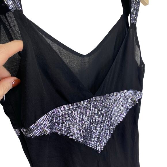 Vintage NOIR Silk Sequin Cocktail Dress Black Silver Midi Size S 90s Retro Glam - Picture 7 of 10